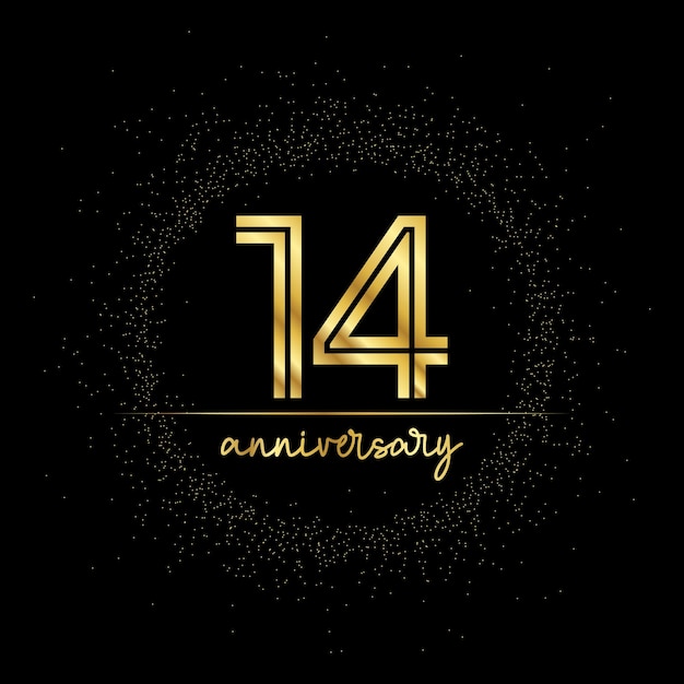 14 years golden number for anniversary with golden glitter and line on a black background