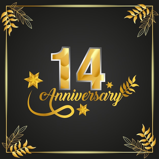 14 years old luxurious logo. anniversary year of vector gold colored template framed of palms