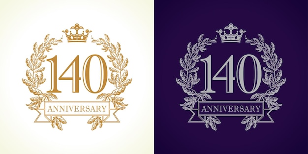 140 years old, luxury logotype. 140th anniversary creative number, heraldic golden frame, round icon