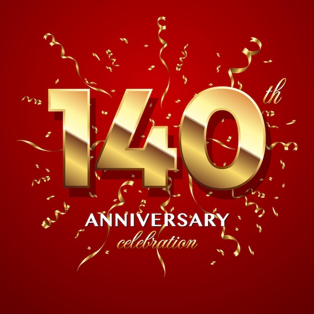 140th Anniversary Celebration Logo design with golden number and ribbon Logo Vector Template