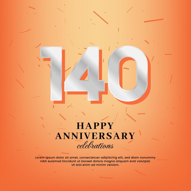 140th anniversary vector template with a white number and confetti spread on an orange background