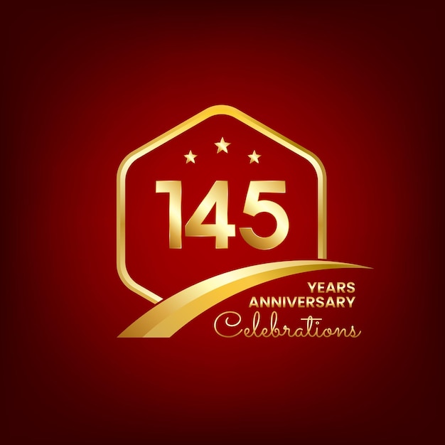 145 years anniversary inside of gold hexagon and curve with red backgrounds