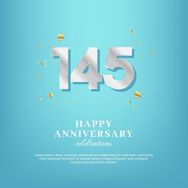 145th anniversary vector template with a white number and confetti spread on a gradient background