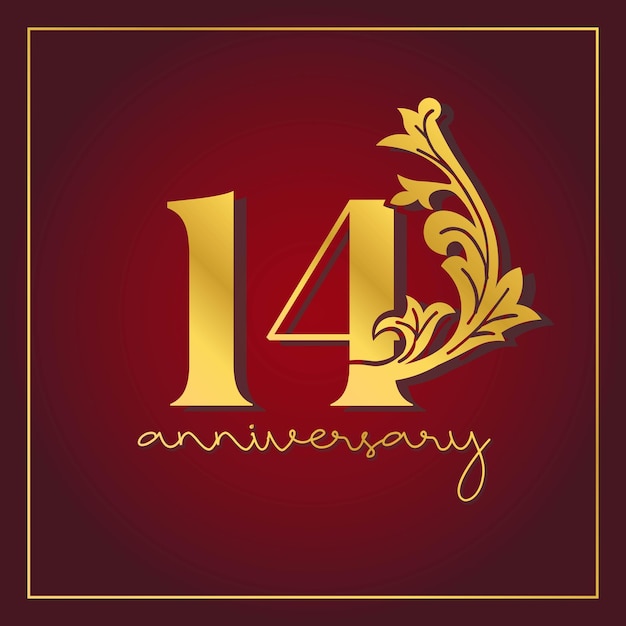 14th Anniversary celebration banner with  on red background. Vintage Decorative number vector Design