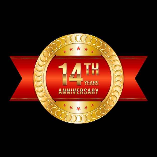 14th anniversary emblem design with gold color and red ribbon Logo Vector Template Illustration