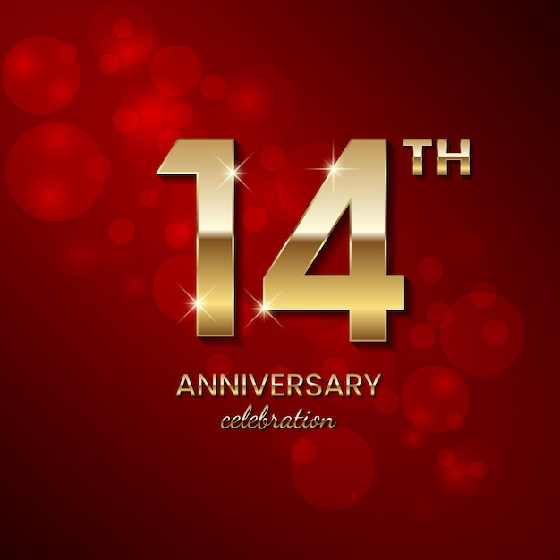 14th Anniversary Logo Golden number with sparkling confetti and glitter Vector Template