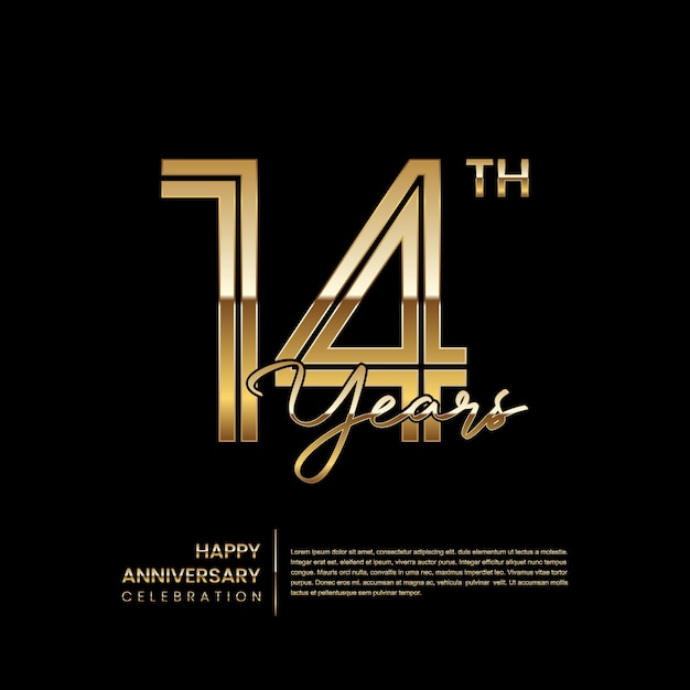 Vector 14th anniversary logo with double line style gold line art design logo vector template