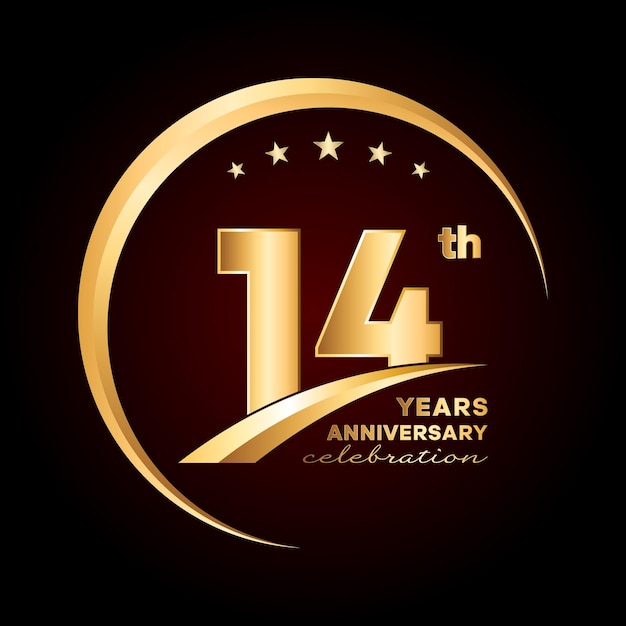 14th anniversary template design with gold color number and ring