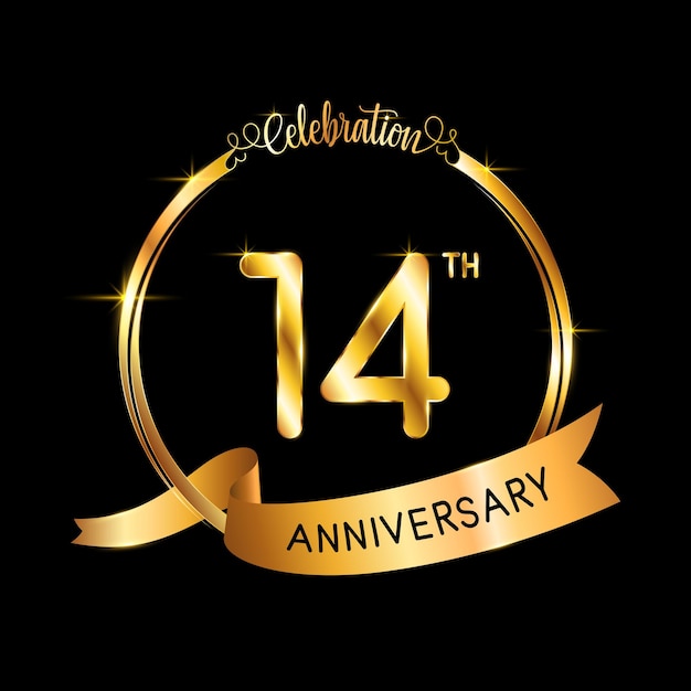 Vector 14th anniversary template design with gold color ribbon and ring logo vector template