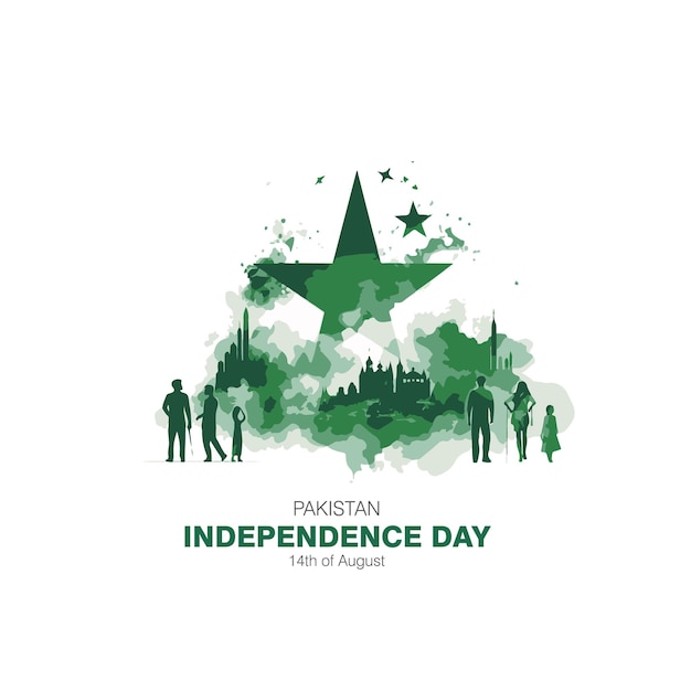 14th August of Independence Day of Pakistan holiday and people silhouettes with Pakistan flag