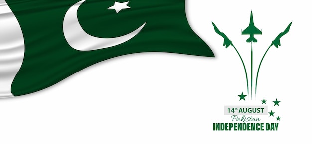 14th August Independence day of Pakistan. Rejoicing boy jumping with Pakistan flag in hand.