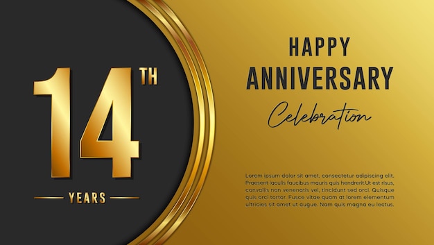 14th year anniversary template design with golden texture Golden number vector