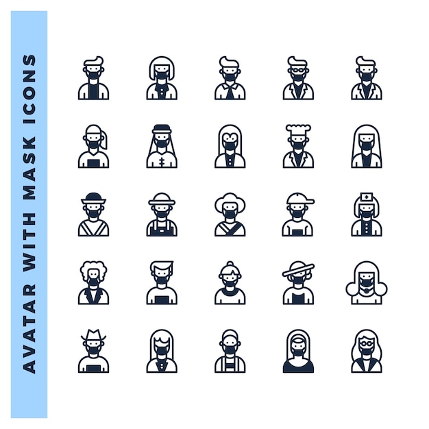 15 Avatars met medische maskers Lineal Fill icon pack vector illustratie