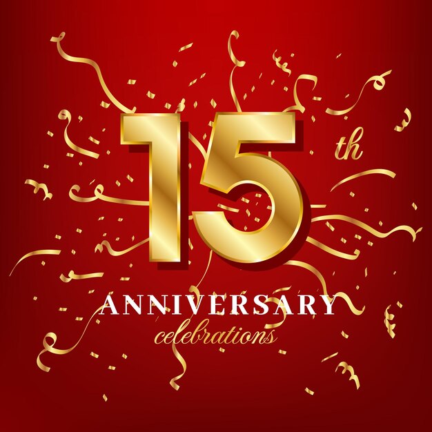 15 golden numbers and anniversary celebrating text with golden confetti spread on a red background