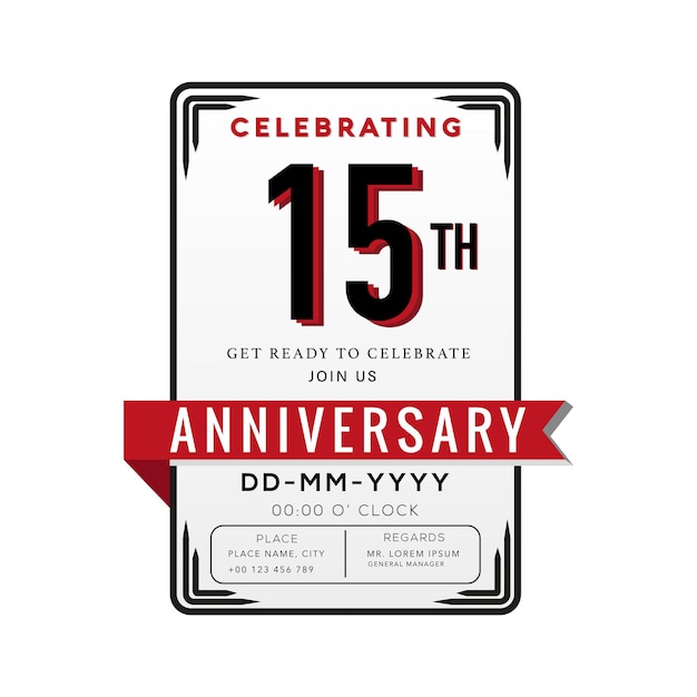 15 jaar verjaardag Logo viering en uitnodigingskaart met rood lint geïsoleerd