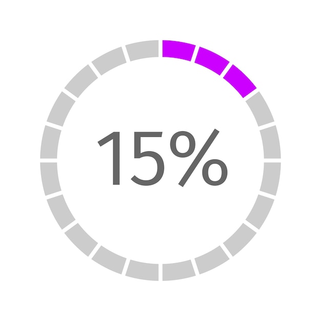 세그먼트로 나누어진 15% 채워진 원형 로딩 바. 버퍼링, 진행, 대기 또는 다운로드