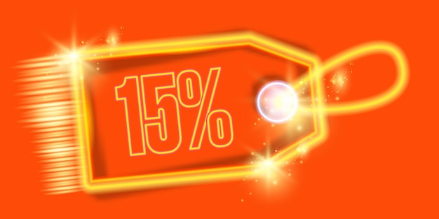 Vettore sconto del 15% sull'etichetta al neon di sconto sulla vendita