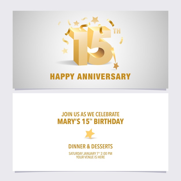 15 주년 기념 초대 카드. 15 번째 생일을위한 황금색 체적 문자가있는 템플릿 디자인