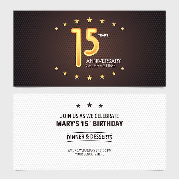 15 years anniversary invitation vector illustration. Design template element with abstract background for 15th birthday card, party invite