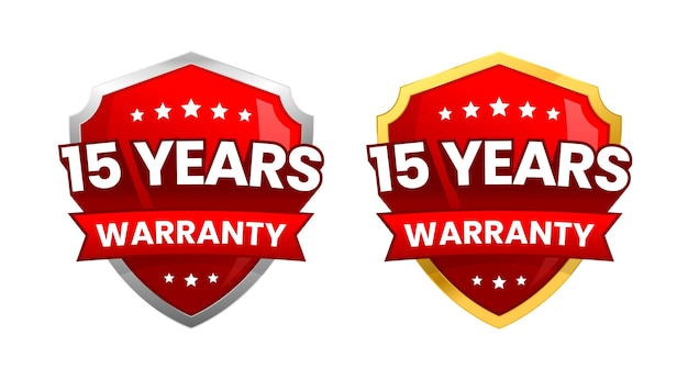 Vettore 15 anni di garanzia etichetta logo icona distintivo minimalista lucido rosso oro argento scudo disegno vettoriale