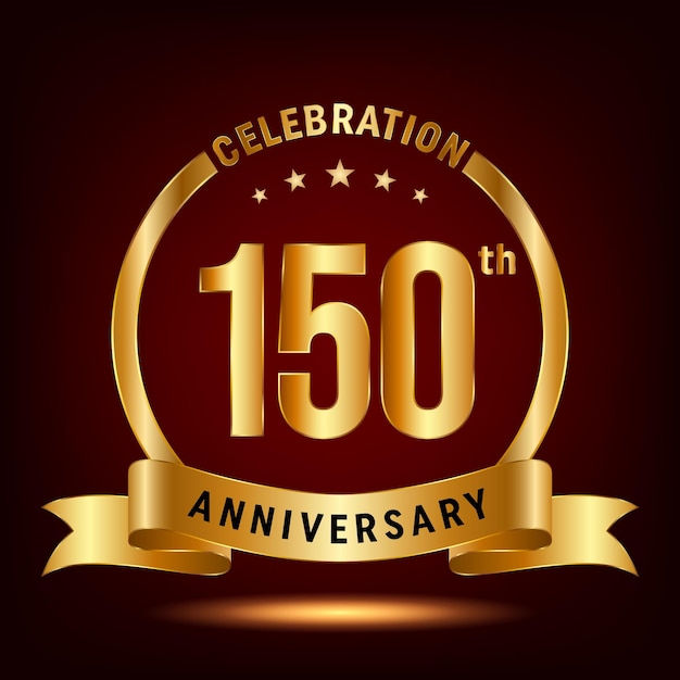 150th Anniversary Celebration logo design with ring and gold ribbon Logo Vector Template