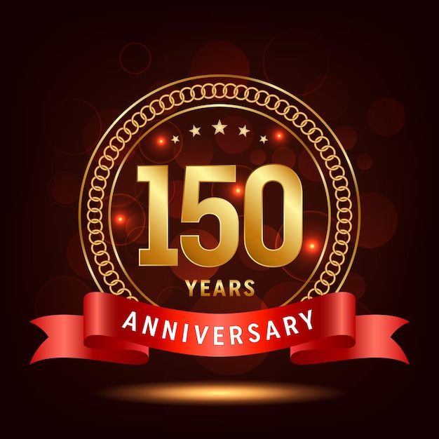 150th Anniversary Logo Golden number with sparkling confetti and ribbon Vector Template