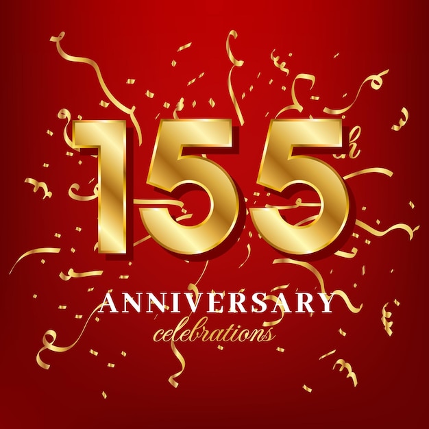 155 golden numbers and anniversary celebrating text with golden confetti spread on a red background