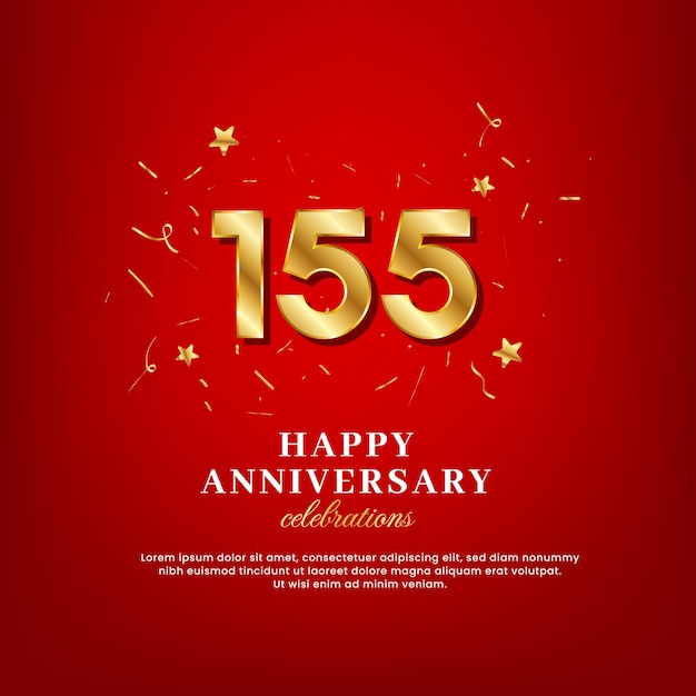 155 jaar gouden nummers verjaardag vieren tekst en jubileum felicitatie tekst met gouden confetti verspreid op een rode achtergrond