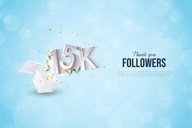 15k followers with illustrated numbers that pop out of gift boxes.