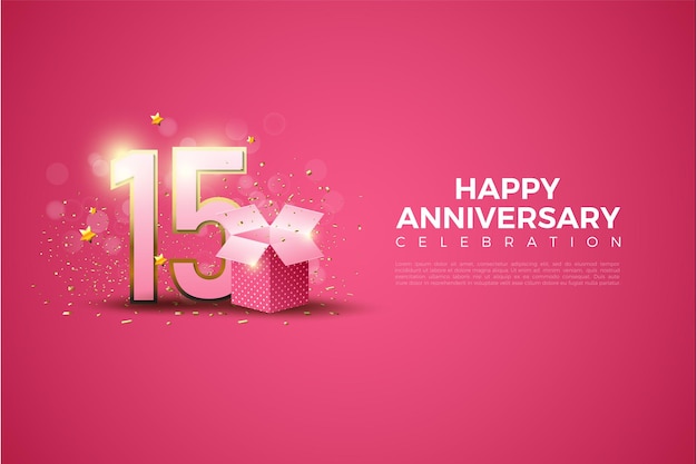 15th anivversary with gift box on front of numbers on pink background.