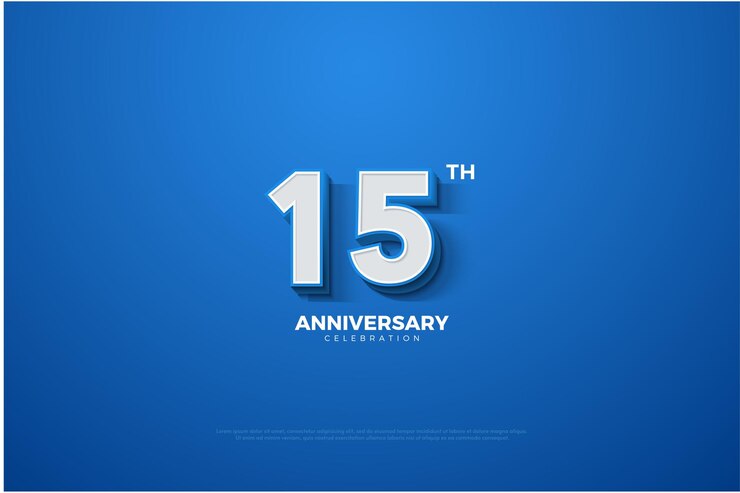 흰색 글자와 숫자로 15 주년 기념 파란색 배경