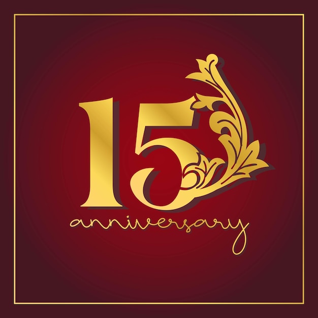 15th Anniversary celebration banner with  on red background. Vintage Decorative number vector Design