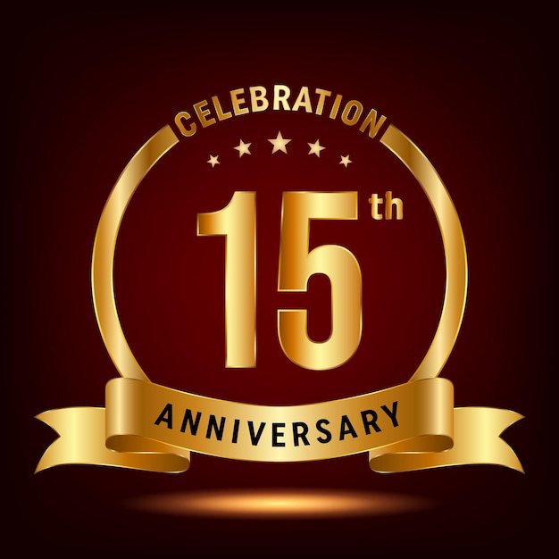 15th Anniversary Celebration logo design with ring and gold ribbon Logo Vector Template