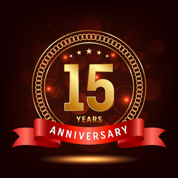 15th Anniversary Golden number with sparkling confetti and red ribbon Vector Template