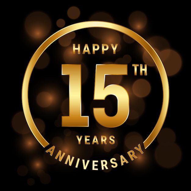 15th Anniversary template design with golden ring and number Vector template illustration