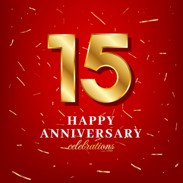 15th anniversary vector template with a golden number and golden confetti spread on a red background