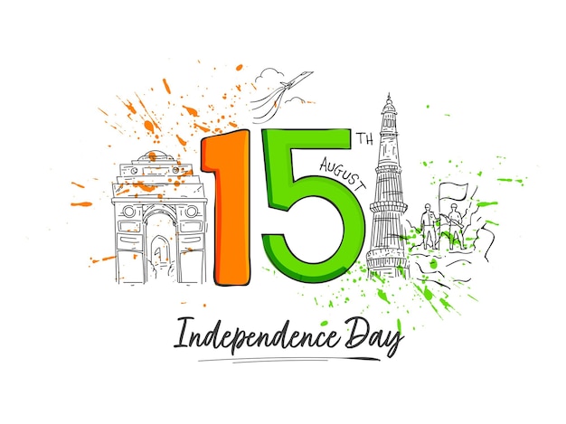 Vector 15th august text with sketching famous monument and soldiers holding flag on white background for independence day concept.