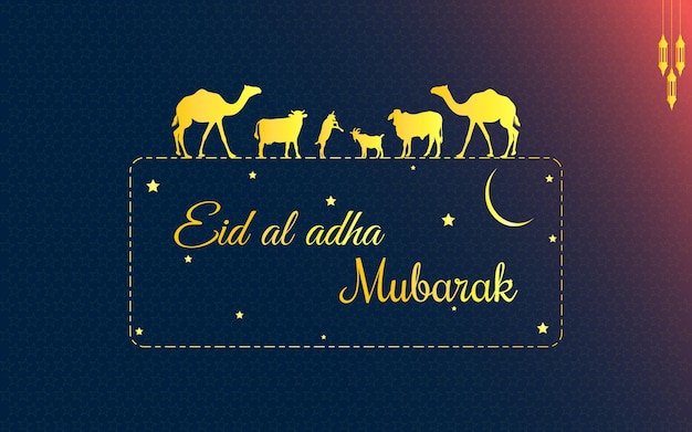 16 Eid Al Adha Mubarak Greeting Card unique Design with animals like Camel Cow Ox Goats Lanterns Cresent Moon star gradient background