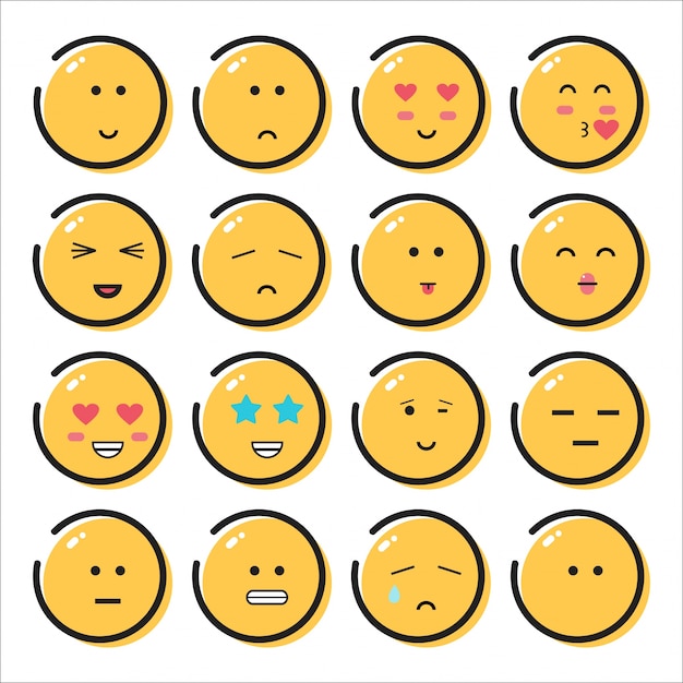 16 Emoticons Flat Yellow color grey line