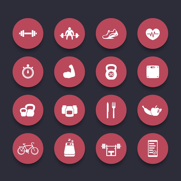 16 fitness gym sport workout healthy living round red icons vector illustration