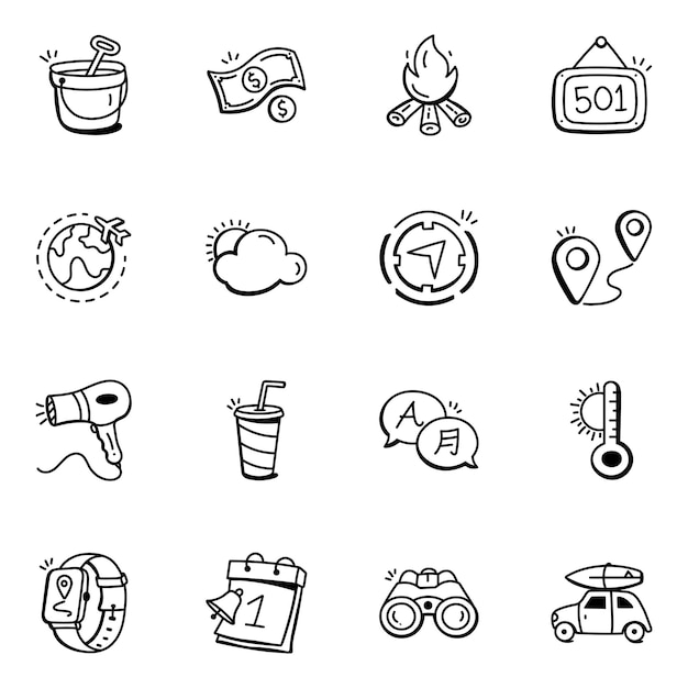 16 trendy reiselementen doodle-pictogrammen