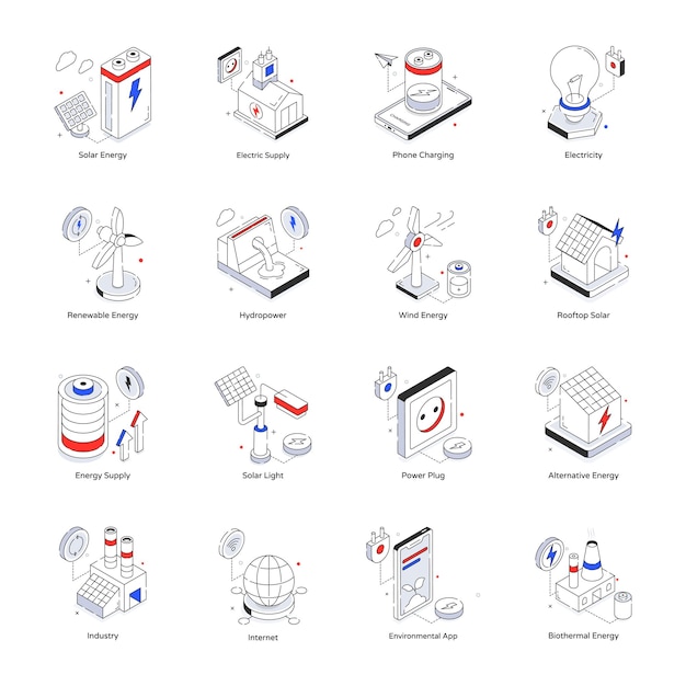 16 Trendy Renewable Energy Isometric Icons