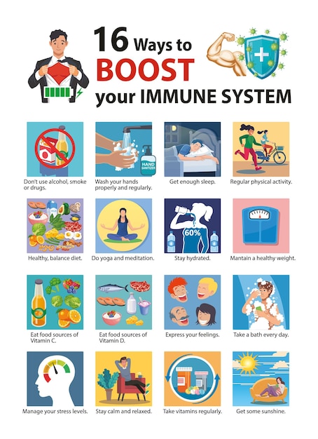 면역 체계를 강화하는 16 가지 방법 인포 그래픽 일러스트레이션