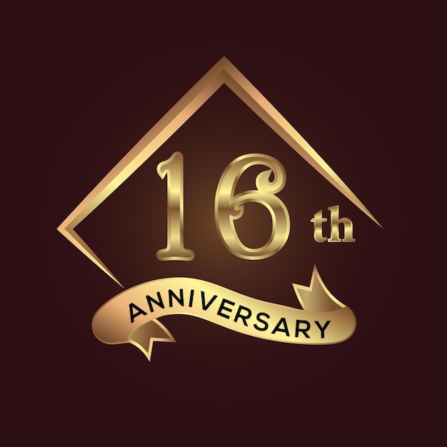 16 year anniversary celebration. Anniversary logo with square and elegance golden colour isolated.