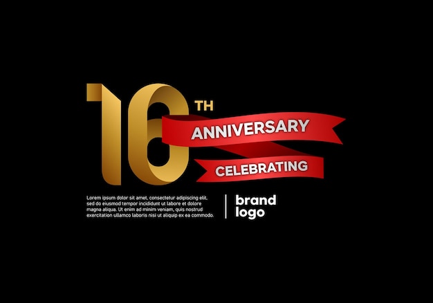 16 years anniversary logo with gold and red emblem on black background