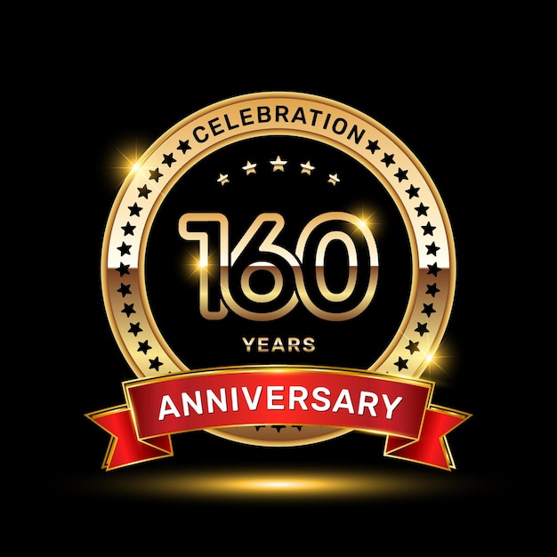 Vector 160th anniversary celebration logo design with golden color emblem style and red ribbon