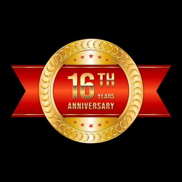 Vector 16th anniversary emblem design with gold color and red ribbon logo vector template illustration