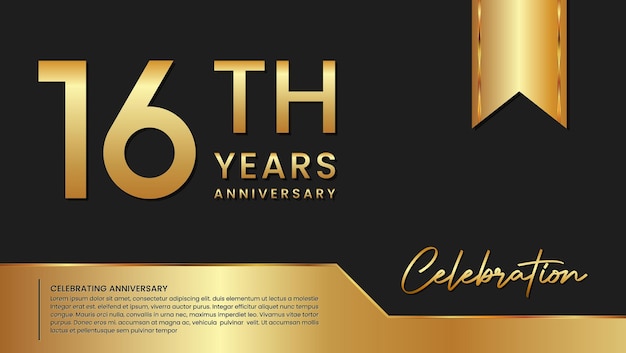 16th anniversary template design in gold color isolated on a black and gold background