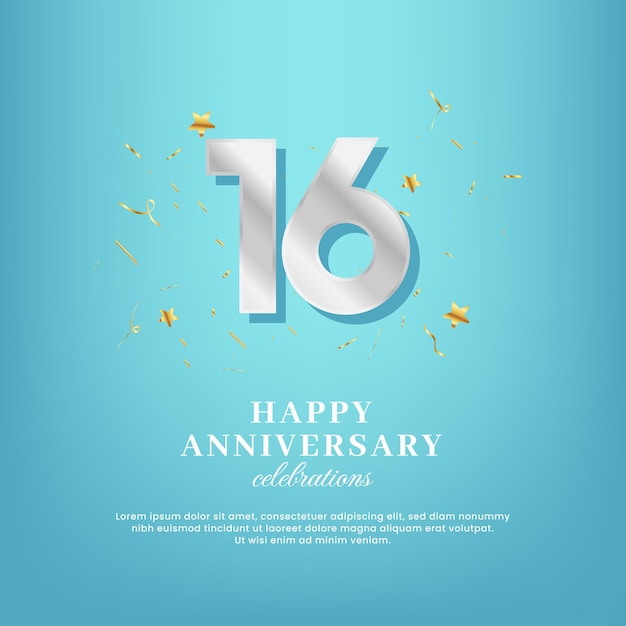 16th anniversary vector template with a white number and confetti spread on a gradient background