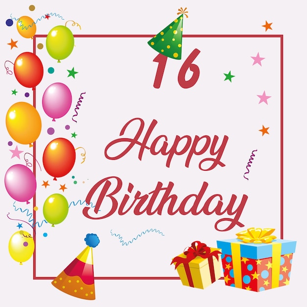 16th Happy birthday cursive lettering postcard banner